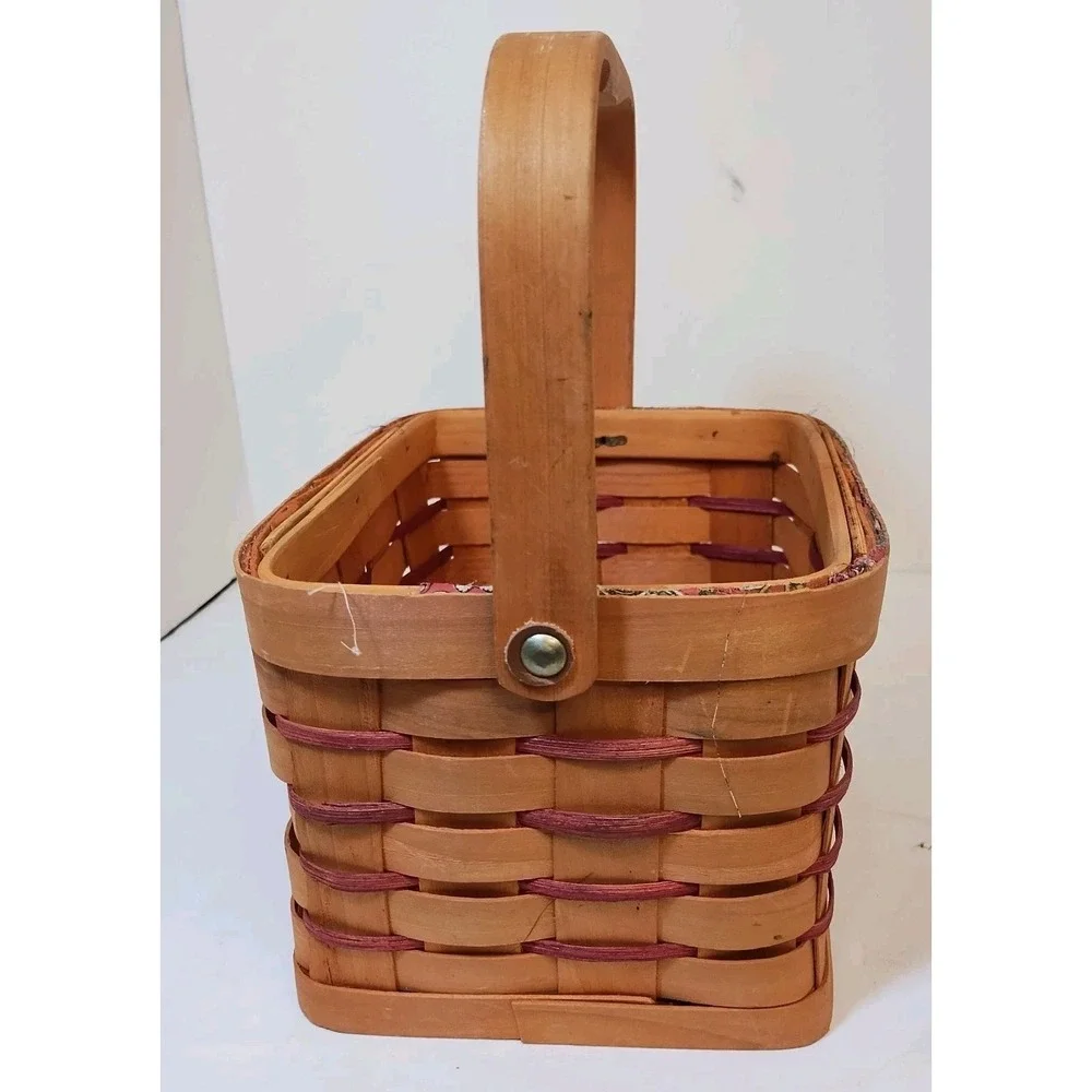 Sewing Basket Single Handle Woven Wood With Fabric Covered‎ Lid Red 8x7x5